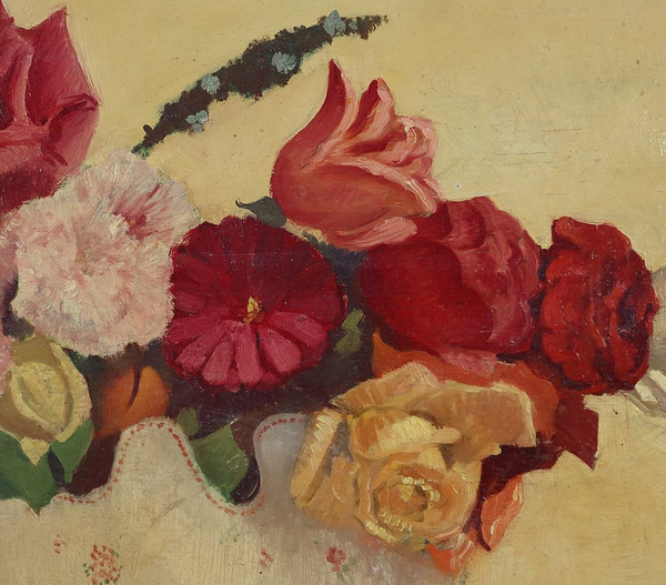 Grand Tableau « Nature Morte au bouquet de fleurs » signé Obligi – Début XXe