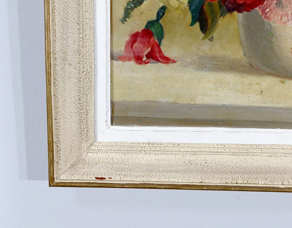Grand Tableau « Nature Morte au bouquet de fleurs » signé Obligi – Début XXe