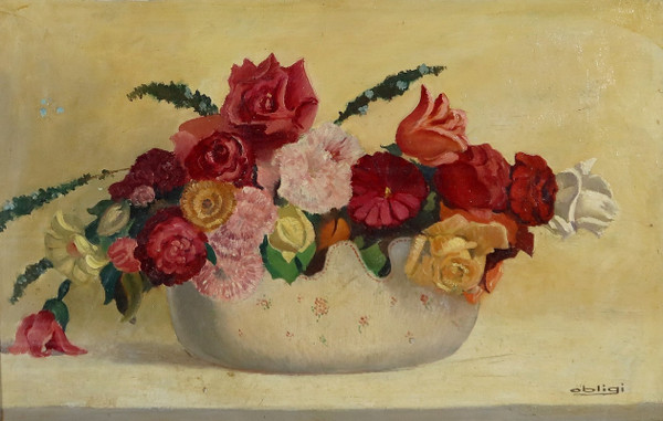 Grand Tableau « Nature Morte au bouquet de fleurs » signé Obligi – Début XXe