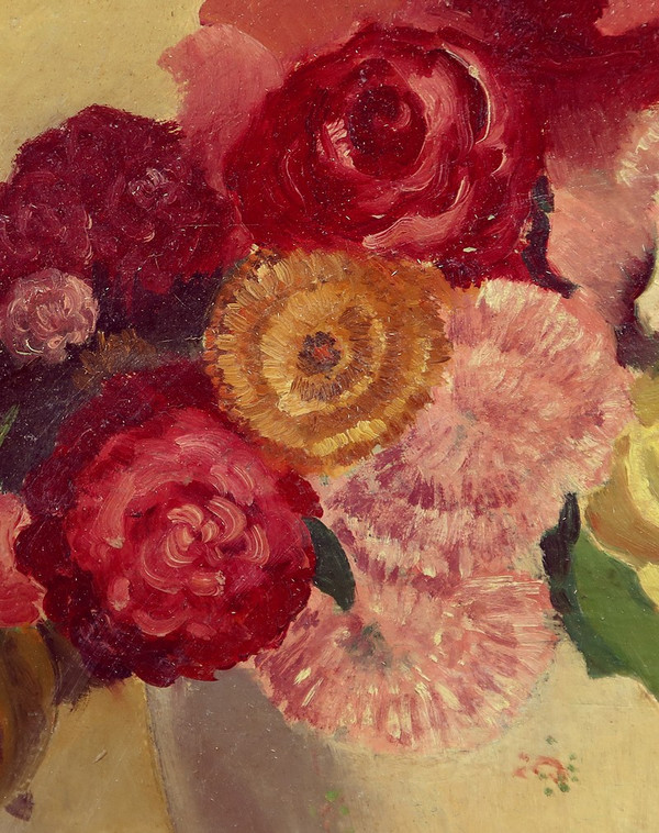 Grand Tableau « Nature Morte au bouquet de fleurs » signé Obligi – Début XXe
