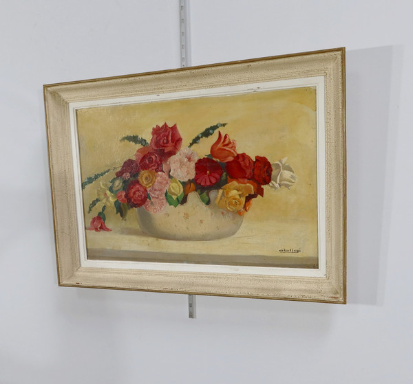 Grand Tableau « Nature Morte au bouquet de fleurs » signé Obligi – Début XXe
