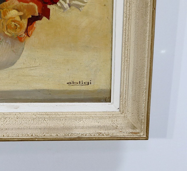 Grand Tableau « Nature Morte au bouquet de fleurs » signé Obligi – Début XXe