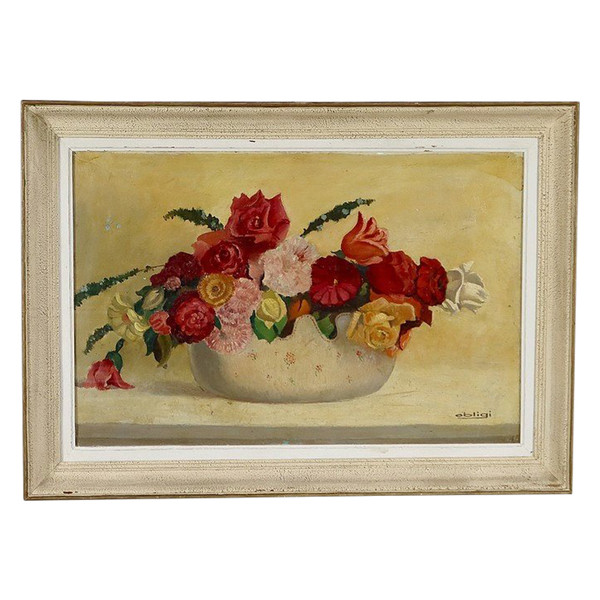 Grand Tableau « Nature Morte au bouquet de fleurs » signé Obligi – Début XXe