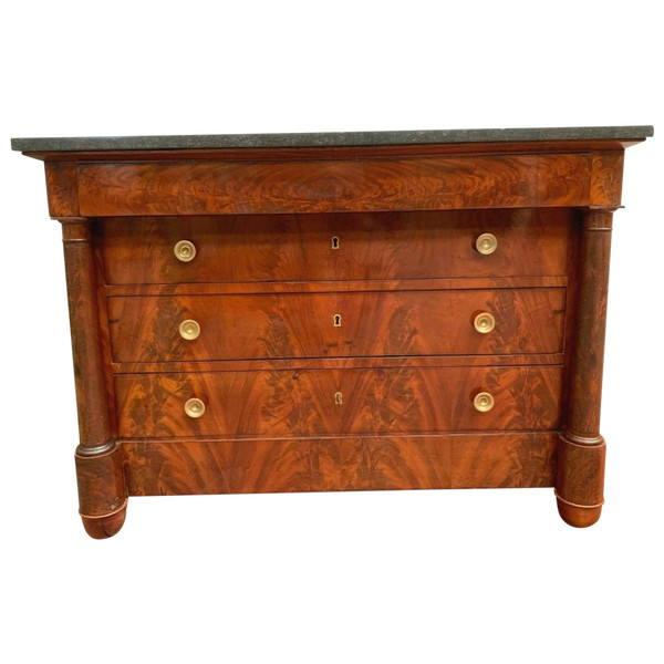 Commode d'époque Empire A Colonnes Détachées XIX Siècle Commode Acajou Flammé
