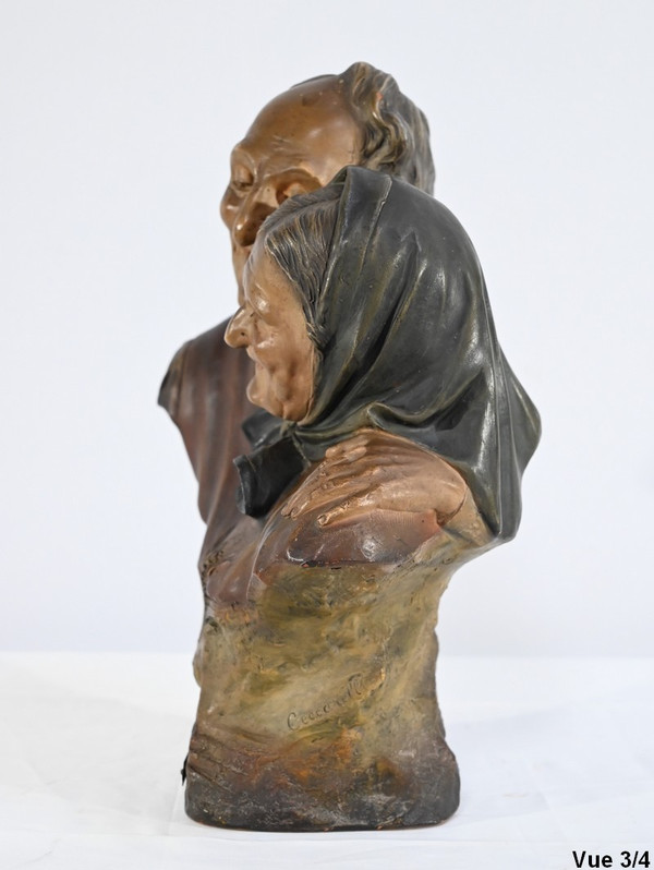 Scultura in terracotta "Le nozze d'oro", firmata E.Ceccarelli - Fine XIX secolo