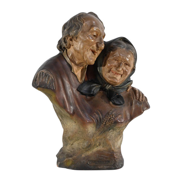 Scultura in terracotta "Le nozze d'oro", firmata E.Ceccarelli - Fine XIX secolo