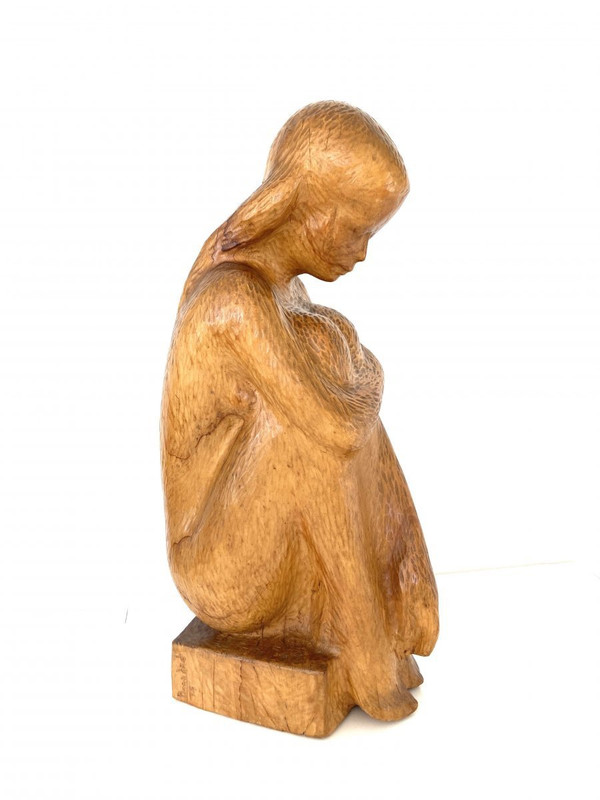 Grande Sculpture Jeune Femme 64 Cm, Bois Massif, De Michel Bonnand