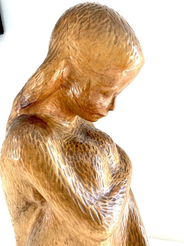 Grande Sculpture Jeune Femme 64 Cm, Bois Massif, De Michel Bonnand