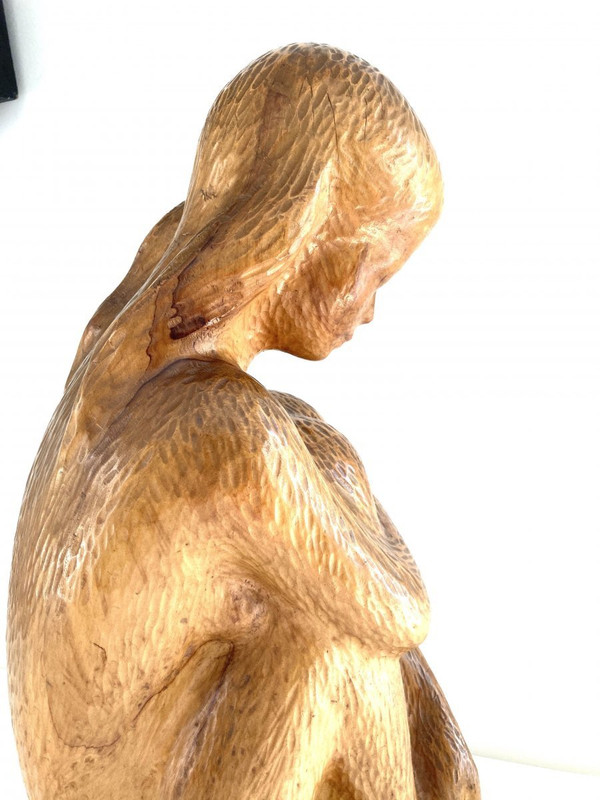 Grande Sculpture Jeune Femme 64 Cm, Bois Massif, De Michel Bonnand