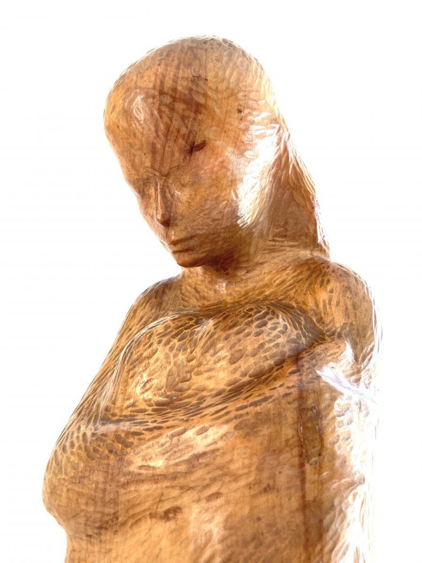 Grande Sculpture Jeune Femme 64 Cm, Bois Massif, De Michel Bonnand