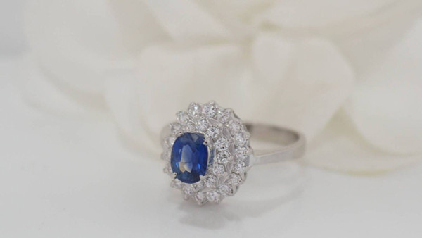 Bague Double Entourage En Or Blanc, Saphir Et Diamants