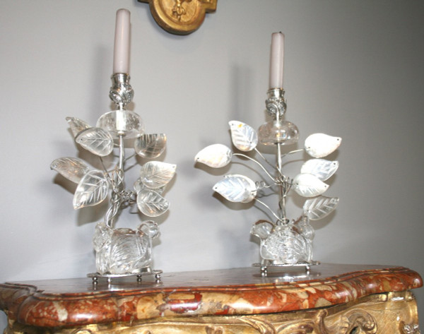 Pair of silver-plated metal and rock crystal candlesticks - Baguès style