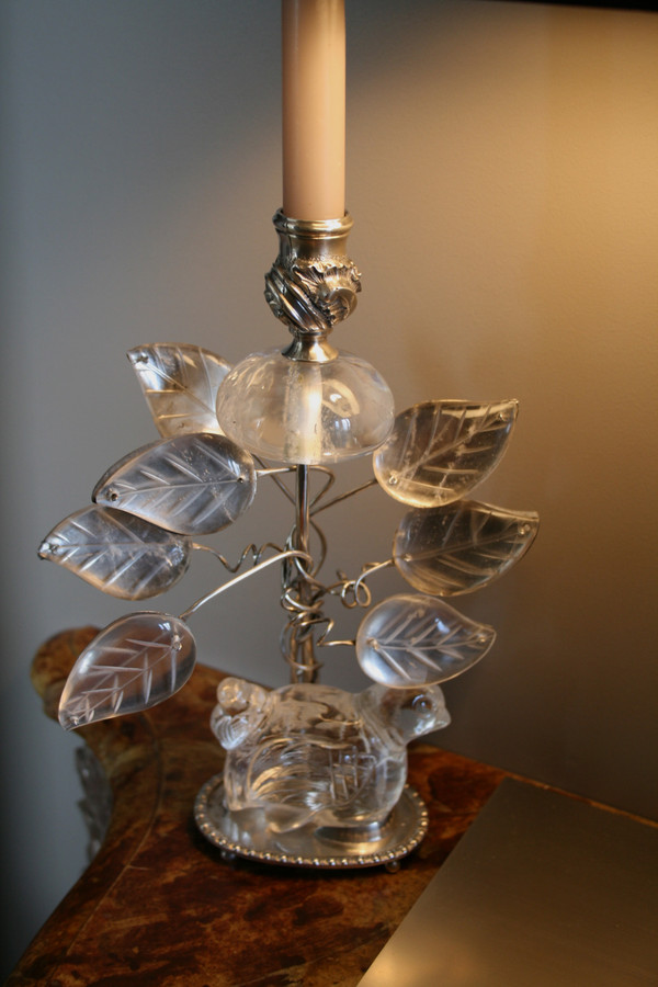 Pair of silver-plated metal and rock crystal candlesticks - Baguès style