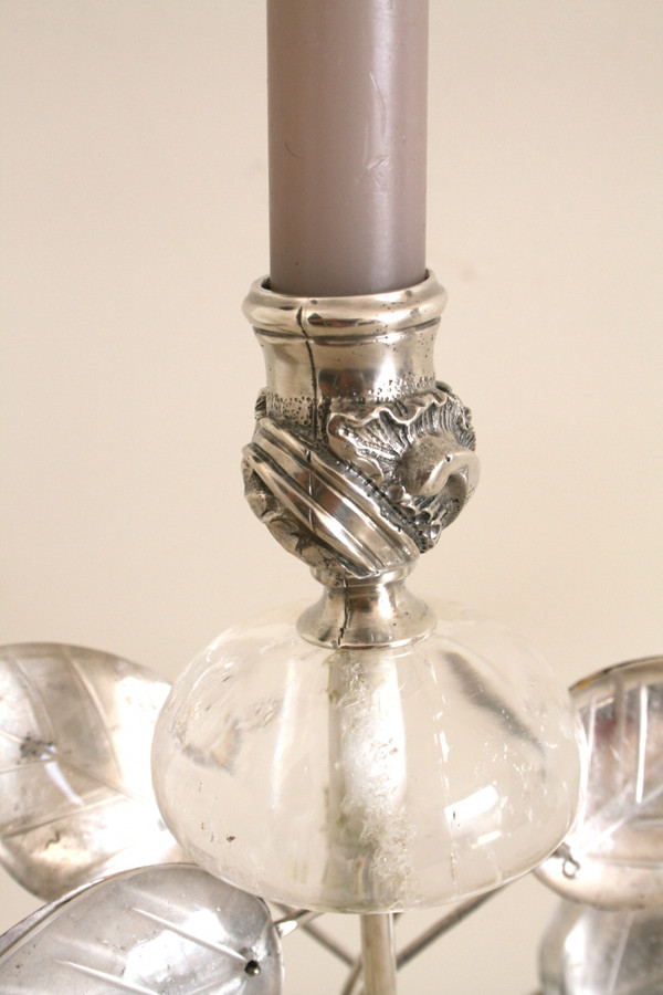 Pair of silver-plated metal and rock crystal candlesticks - Baguès style