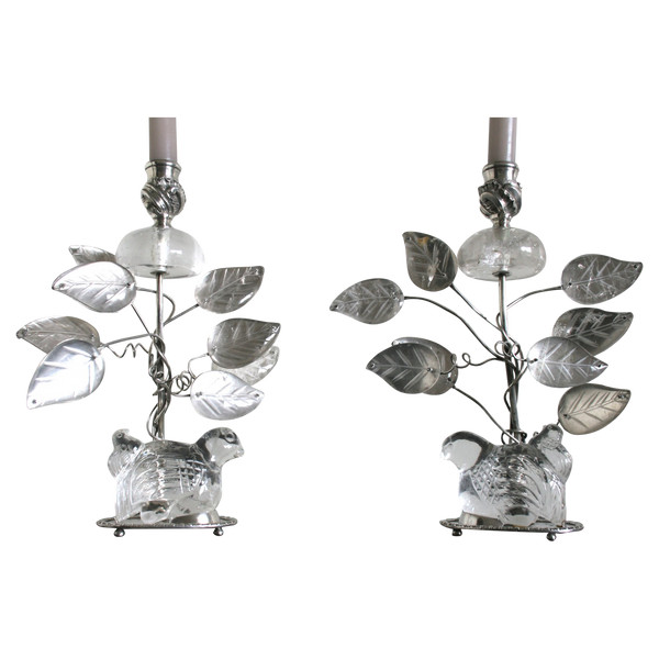 Pair of silver-plated metal and rock crystal candlesticks - Baguès style