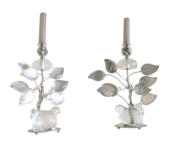 Pair of silver-plated metal and rock crystal candlesticks - Baguès style