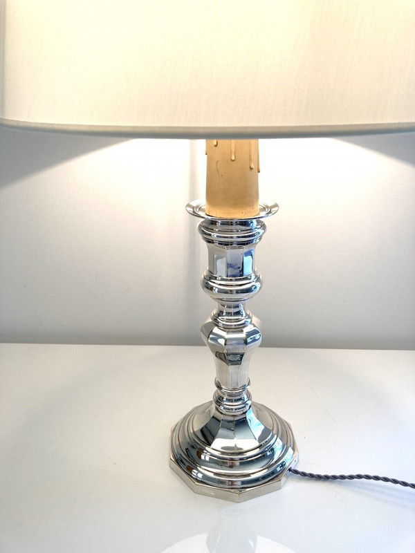 Large Candlestick Lamp, Silver Metal