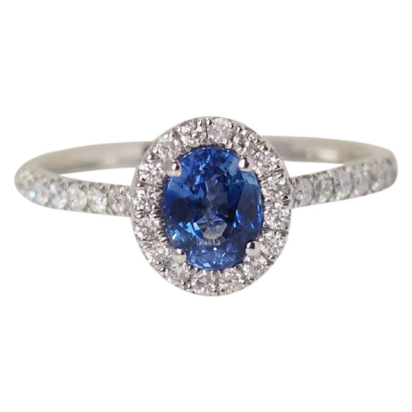 Bague Entourage En Platine, Saphir De Ceylan Et Diamants