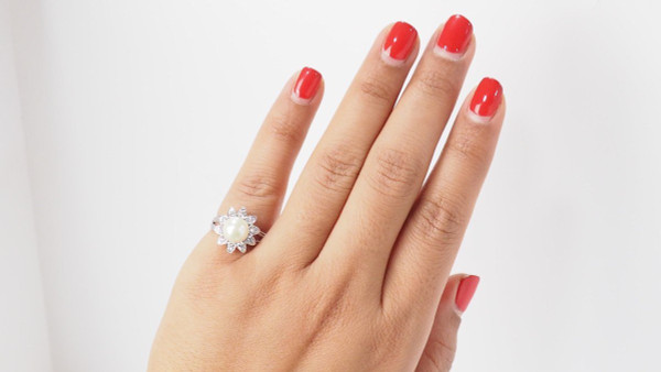White Gold, Cultured Pearl and Diamond Flower Ring