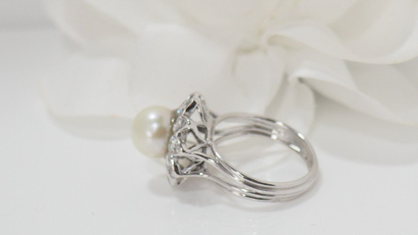 White Gold, Cultured Pearl and Diamond Flower Ring