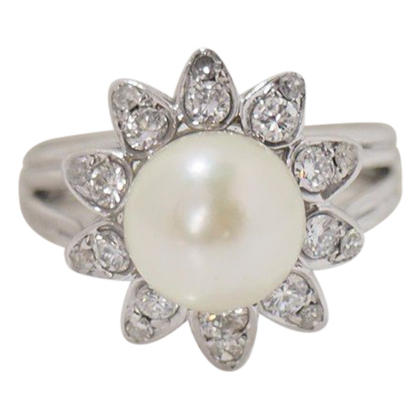 White Gold, Cultured Pearl and Diamond Flower Ring