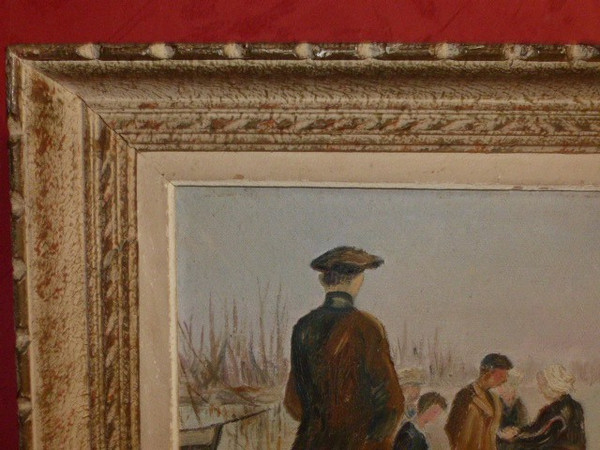 Painting oil on canvas view of port return from fishing FINISTERE (signed Fabien circa 1950)