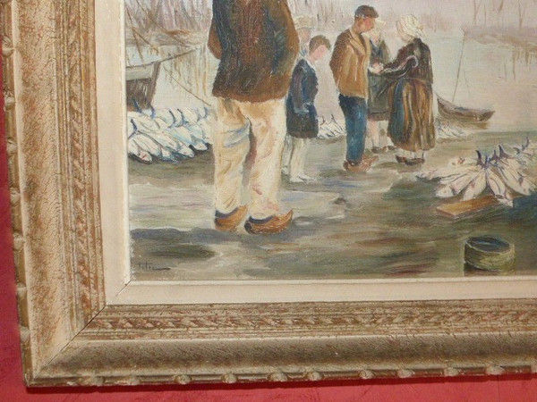 Painting oil on canvas view of port return from fishing FINISTERE (signed Fabien circa 1950)
