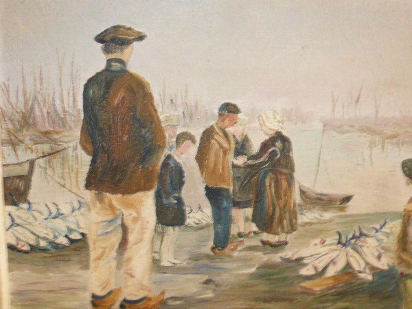 Painting oil on canvas view of port return from fishing FINISTERE (signed Fabien circa 1950)