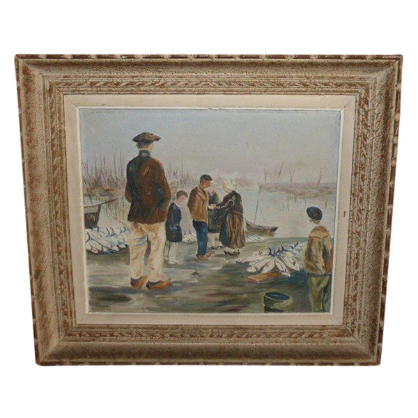 Painting oil on canvas view of port return from fishing FINISTERE (signed Fabien circa 1950)