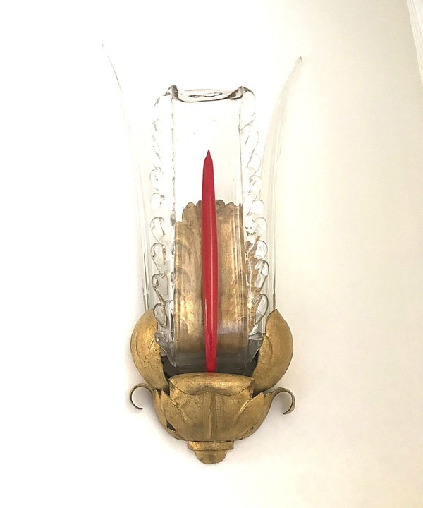 Pair of Wall Sconces, In Leafy Metal, Gilded And Glass - 1940s