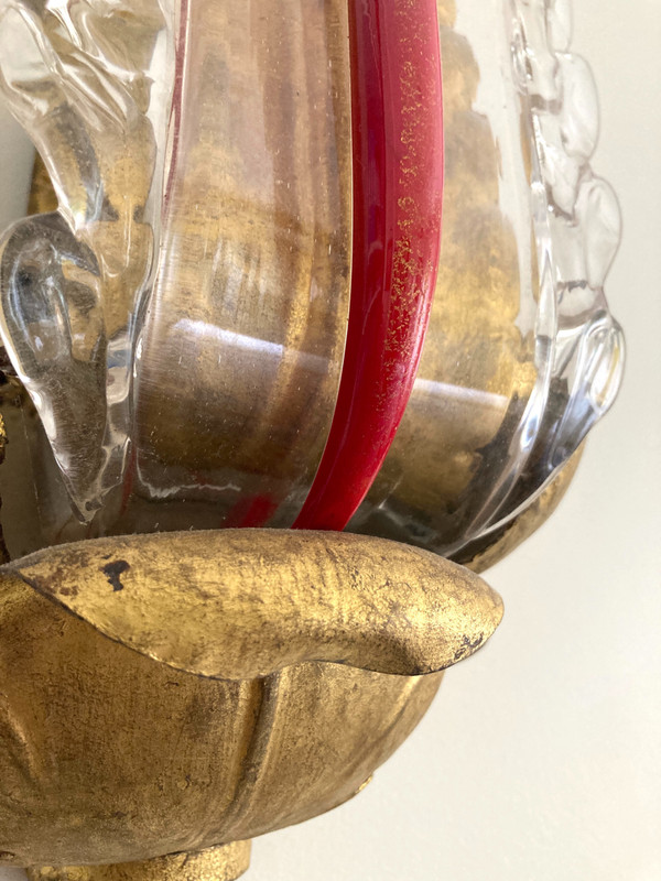 Pair of Wall Sconces, In Leafy Metal, Gilded And Glass - 1940s