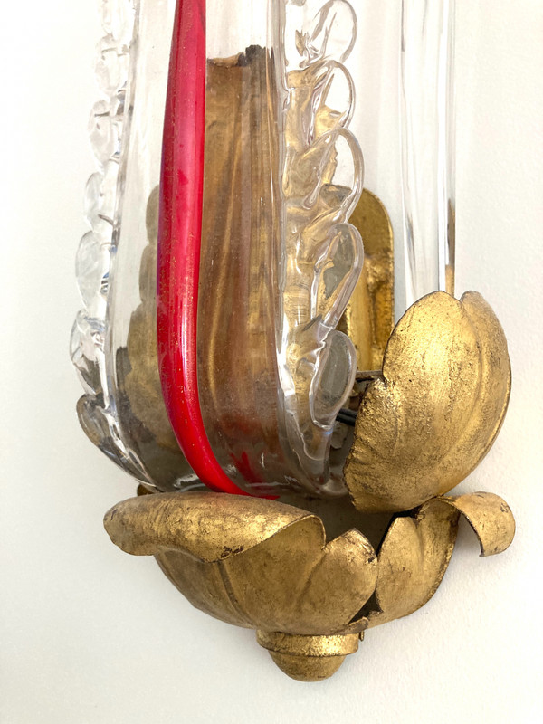 Pair of Wall Sconces, In Leafy Metal, Gilded And Glass - 1940s