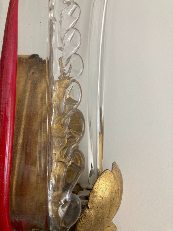 Pair of Wall Sconces, In Leafy Metal, Gilded And Glass - 1940s