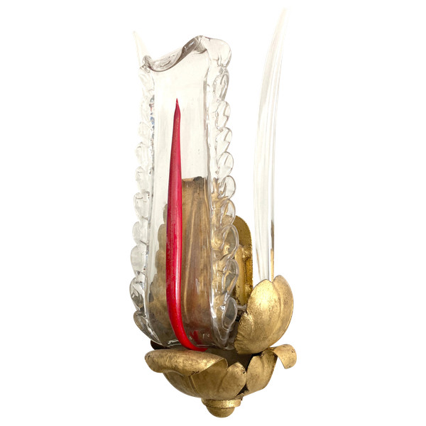 Pair of Wall Sconces, In Leafy Metal, Gilded And Glass - 1940s