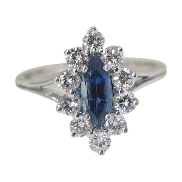 Anello Navette In Oro Bianco, Zaffiro E Diamanti
