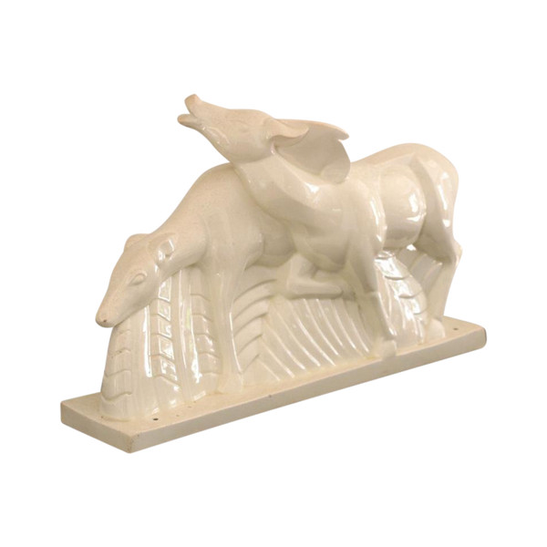 Coppia di antilopi in ceramica screpolata, firmata Lemanceau, Art Déco