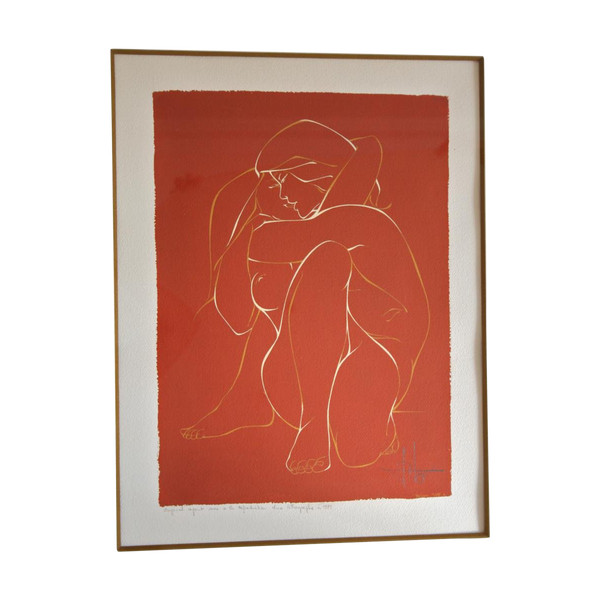 Gouache on vellum, NU Féminin, 1975, signed