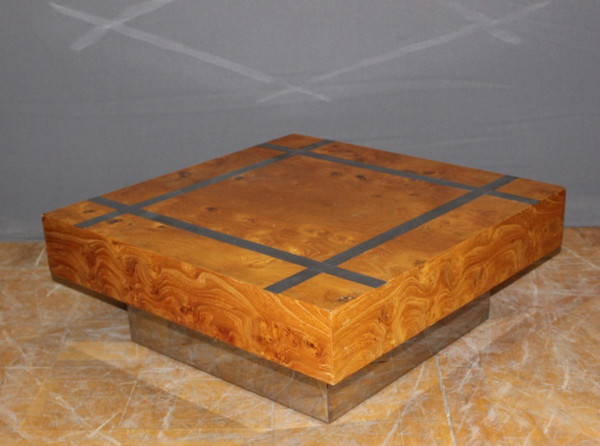 Table Basse Carré En Frêne Et Inox Vers 1970