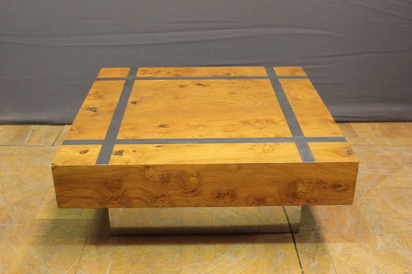 Table Basse Carré En Frêne Et Inox Vers 1970