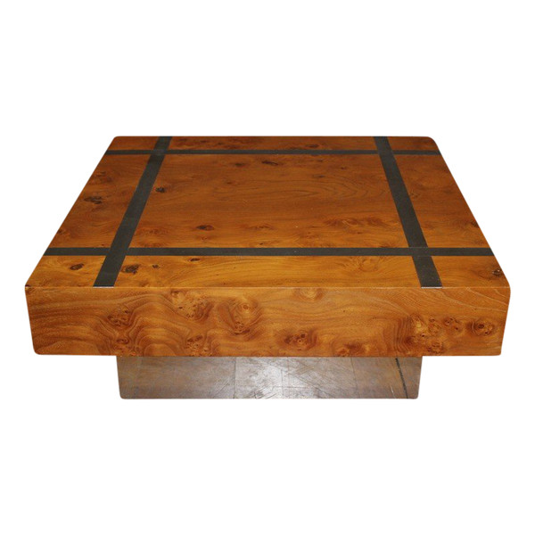 Table Basse Carré En Frêne Et Inox Vers 1970