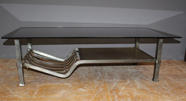 Table basse en fer forgé et cuir vers 1970
