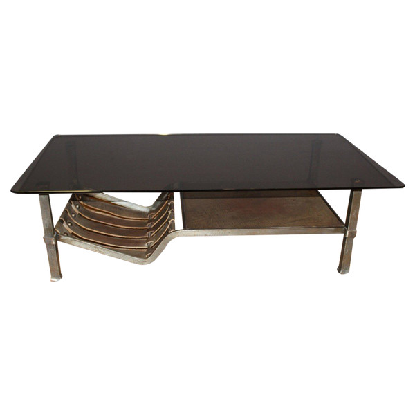 Table basse en fer forgé et cuir vers 1970