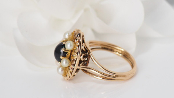 Anello Vintage In Oro Rosa, Cabochon Di Granato E Perle