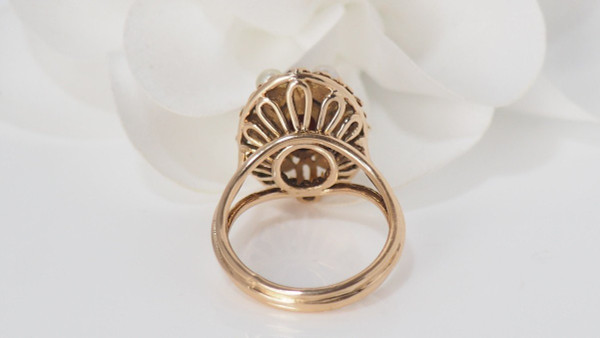 Anello Vintage In Oro Rosa, Cabochon Di Granato E Perle