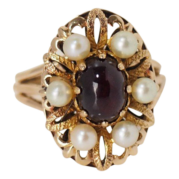 Anello Vintage In Oro Rosa, Cabochon Di Granato E Perle