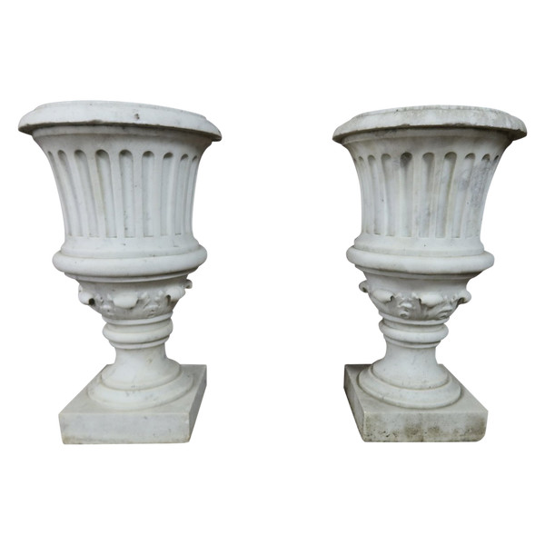 Pair Of Medici Vases In Carrara Marble Nineteenth