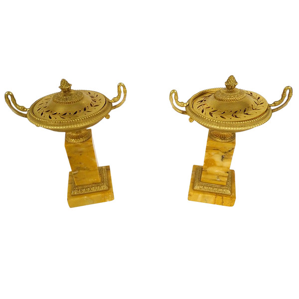 Pair of Empire Incense Burners in Bronze and Sienna Marble, 19th Restoration