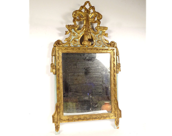 Louis XVI Mirror in Golden Carved Wood, Pediment with Bow Flower Ribbons, 18th Century Mirror
