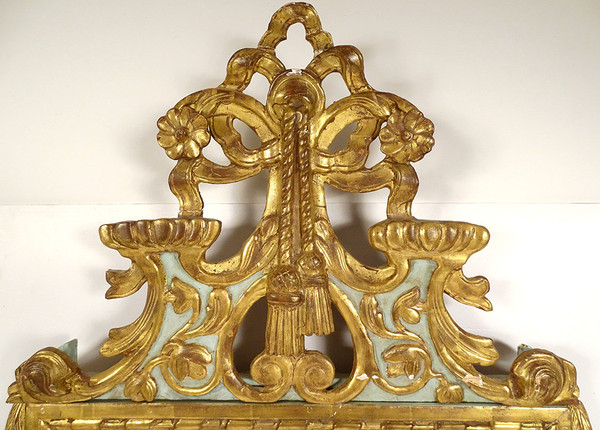 Louis XVI Mirror in Golden Carved Wood, Pediment with Bow Flower Ribbons, 18th Century Mirror
