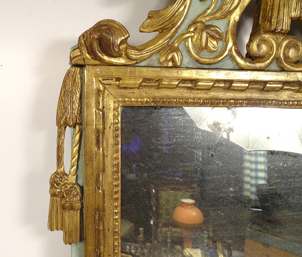 Louis XVI Mirror in Golden Carved Wood, Pediment with Bow Flower Ribbons, 18th Century Mirror